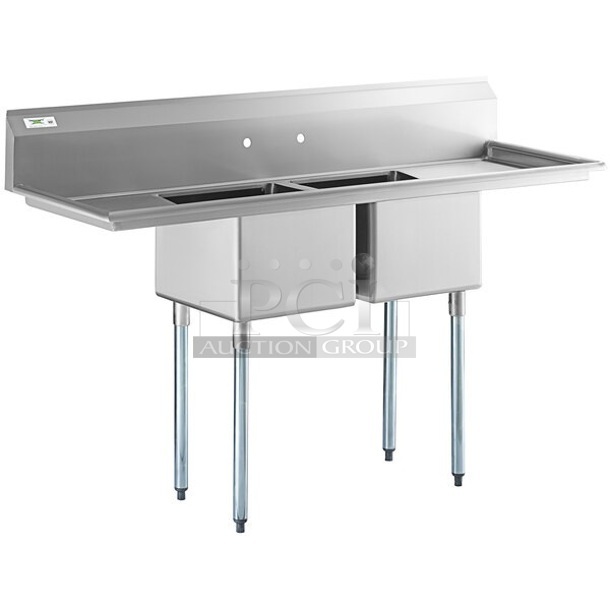 BRAND NEW SCRATCH AND DENT! Regency 600S21717218 Stainless Steel Commercial 2 Bay Sink w/ Dual Drain boards. Bays 17x17x12. Drain Boards 16.5x18.5. No Legs. 