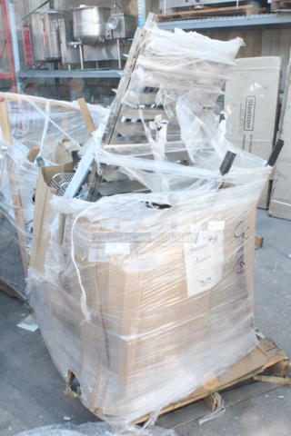 BRAND NEW SCRATCH & DENT! Pallet of Misc. Table Stands, Chairs, Bun Pan Racks, Baskets and More!! 