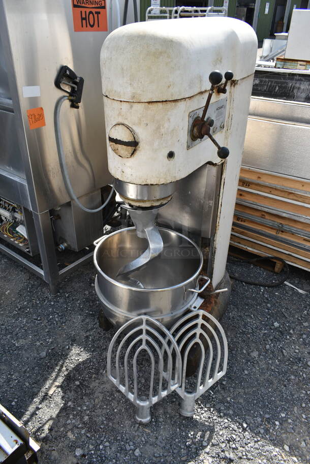 Hobart M-802 Metal Commercial Floor Style 80 Quart Planetary Dough Mixer w/ Stainless Steel Mixing Bowl, Dough Hook and 2 Paddle Attachments. 208 Volts, 3 Phase. 