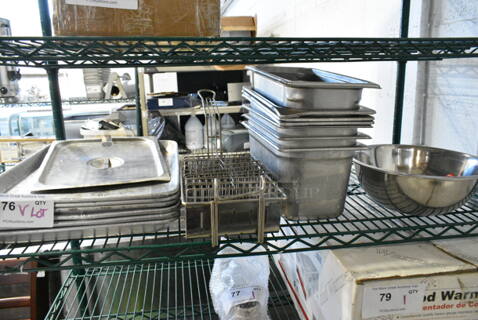 ALL ONE MONEY! Tier Lot of Various Items Including Stainless Steel Drop In Bins, Metal Bowl, Metal Baking Pans. 