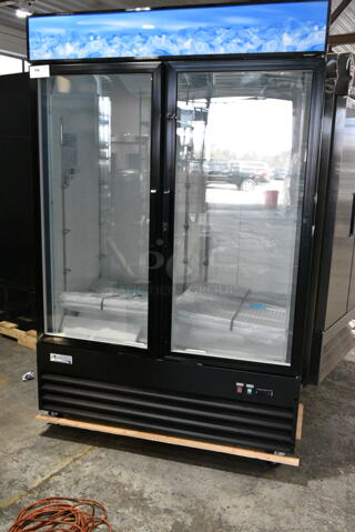 BRAND NEW SCRATCH AND DENT! 2024 Avantco 178GDC49FHCB Metal Commercial 2 Door Reach In Cooler w/ Poly Coated Racks on Commercial Casters. 115 Volts, 1 Phase. 