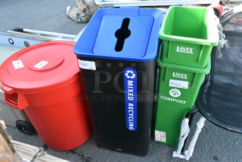 4 BRAND NEW SCRATCH AND DENT! Trash Cans Including 2 Lavex Green Slim Jim Trash Cans, Lavex 475TCRND32RD 32 Gallon Red Round Commercial Trash Can. 4 Times Your Bid!