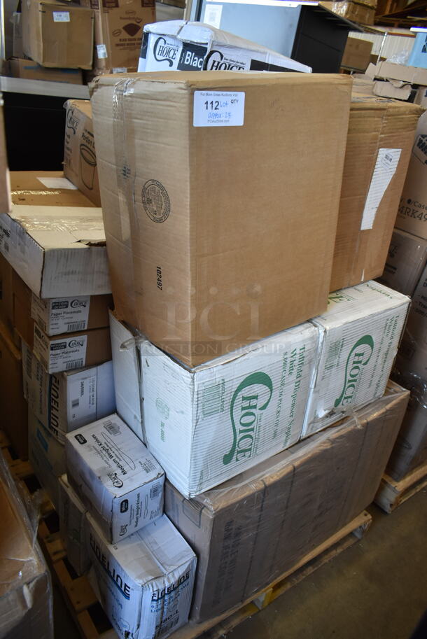 PALLET LOT of 23 BRAND NEW Boxes Including 2 966TALLFLDB Choice White Tall-Fold 6" x 13" Dispenser Napkin - 8000/Case, Paper Frozen Yogurt Cups, 127P100C Choice 1 oz Portion Cups, 500MFT Lavex Multi Fold Towels, 2 Box 500PMWELCOME Choice 10" x 14" Welcome Paper Placemat - 1000/Case, 502404812CL Lavex 40-45 Gallon 12 Micron 40" x 48" High Density Janitorial Can Liner / Trash Bag - 250/Case, 130WKNIFE Choice 6 1/2" Medium Weight White Plastic Knife - 1000/Case, 5080-L Fineline Dome Lids. 23 Times Your Bid!