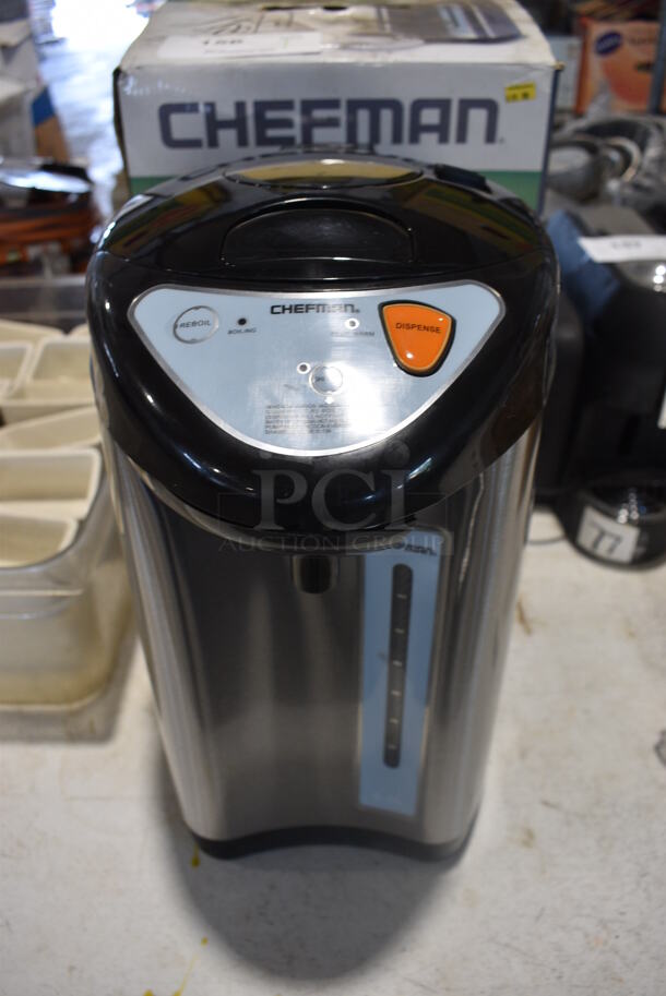 BRAND NEW IN BOX! Chefman Chrome Finish Electric Hot Water Pot. 9x12x10