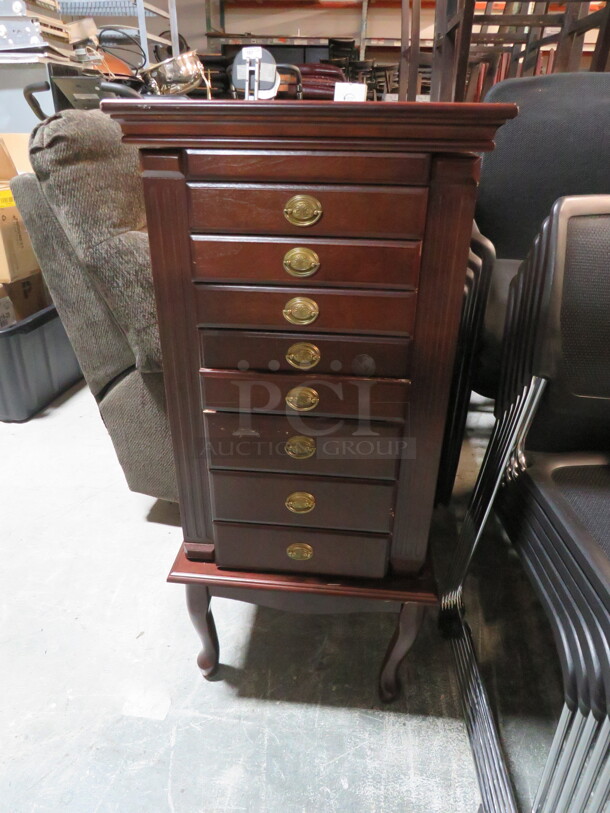 One Wooden Jewelry Chest With Lift Up Lid And 8 Velvet Lined Drawers. 18.5X15X41