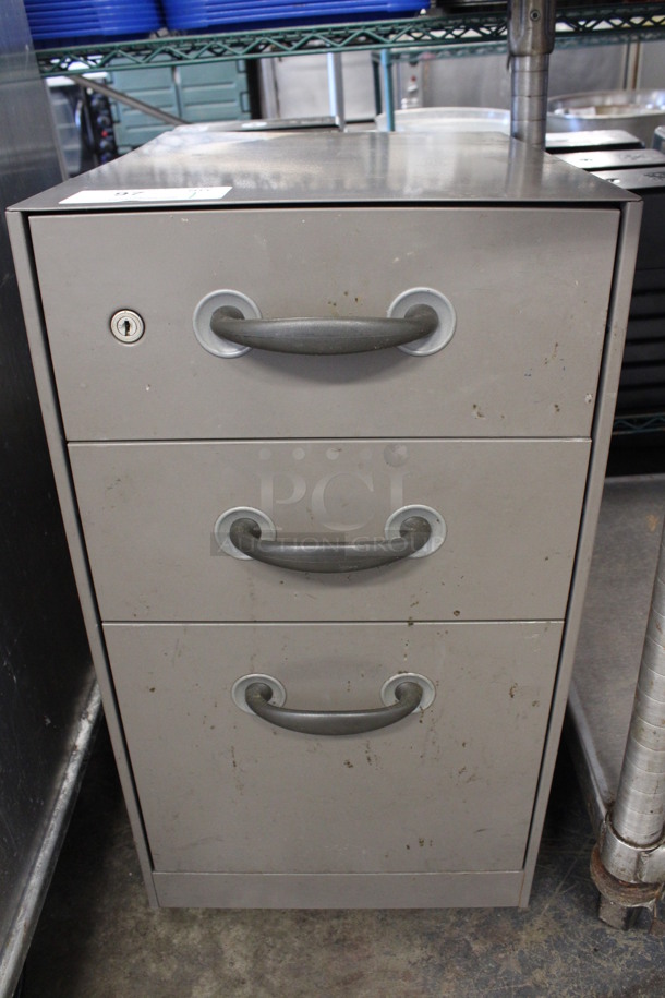 Gray Metal 3 Drawer Filing Cabinet w/ Contents. 15x19.5x27.5
