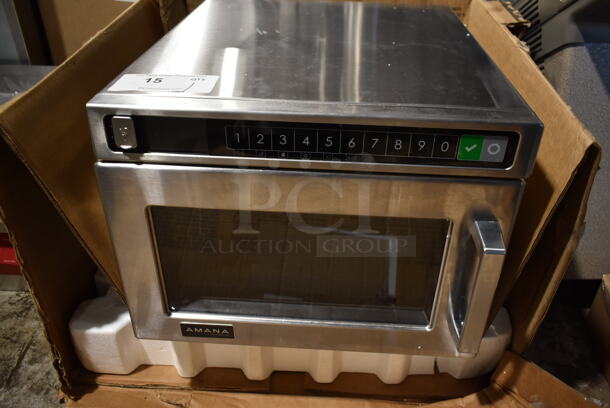 IN ORIGINAL BOX! 2023 Amana HDC12A2 Stainless Steel Commercial Countertop Microwave Oven. 120 Volts, 1 Phase. 