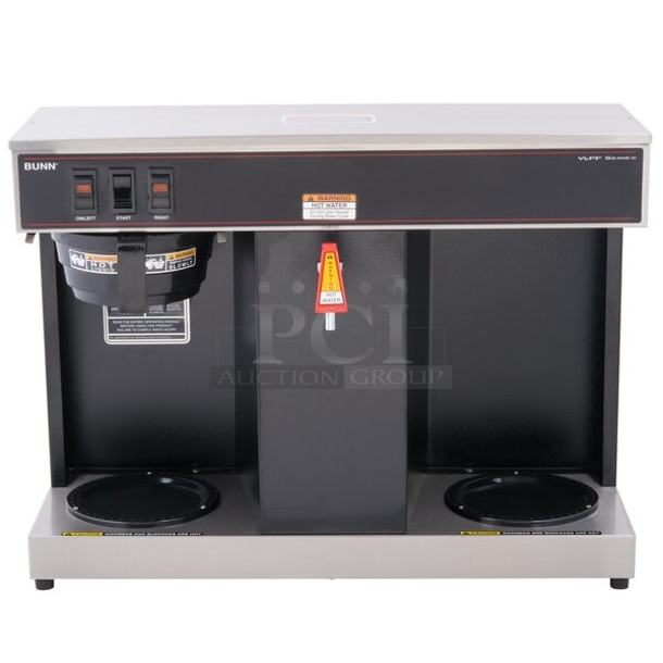 BRAND NEW SCRATCH AND DENT! 2022 Bunn VLPF 07400.0005 Stainless Steel Commercial Automatic Coffee Brewer with Two Lower Warmers. 120 Volts, 1 Phase. 