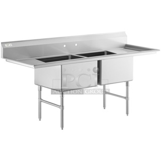 BRAND NEW SCRATCH AND DENT! Regency 600S22424224 98" 16 Gauge Stainless Steel Two Compartment Commercial Sink with Stainless Steel Legs, Cross Bracing, and 2 Drainboards - 24" x 24" x 14" Bowls. No Legs.