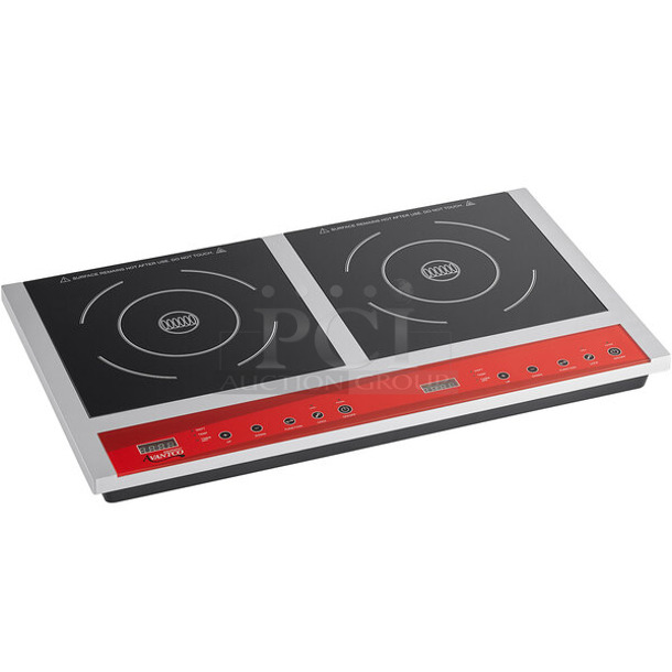 BRAND NEW SCRATCH AND DENT! 2023 Avantco 177IC18DB Stainless Steel Commercial Countertop Electric Powered Double Burner Induction Range. 120 Volts, 1 Phase.
