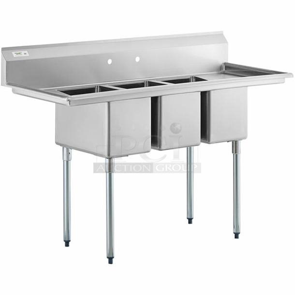 BRAND NEW SCRATCH AND DENT! Regency 600S31220212 64" 16-Gauge Stainless Steel Three Compartment Commercial Sink with Galvanized Steel Legs and 2 Drainboards - 12" x 20" x 12" Bowls