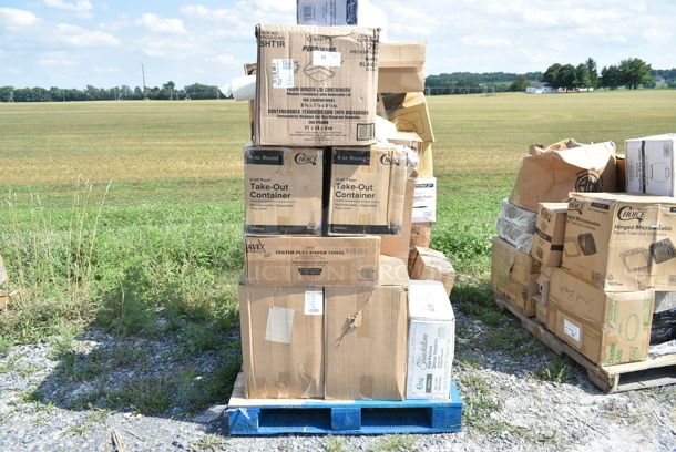 PALLET LOT of 43 BRAND NEW Boxes Including 85HT1R Dart Hinged Foam Containers, 2 Box 795KFT4PE Choice 4 oz. Round Kraft PE-Lined Microwavable Take-Out Container 3" x 1 13/16" - 1000/Case, 5002CPTE Lavex 2-Ply White Center Pull Paper Towel 510' Roll - 6/Case, 5005DNAPFLT Choice Touchstone 16" x 15" White Linen-Feel Flat-Packed Dinner Napkin - 500/Case, 2 Box 127DMDLDBULK Choice Ultra Clear PET Plastic Round Deli Container Dome Lid - 500/Case, 612509PCO Woeber's 1 Galloon Pure Apple Cider Vinegar, 612P509S Choice 9" Clear Round Plastic Dome Lid - 500/Case, 129MCR16B Choice 16 oz. Black 6 1/4" Round Microwavable Heavy Weight Container with Lid - 150/Case, 2 Box 129MCS24W Choice 24 oz. White 8" x 5 1/4" x 2" Rectangular Microwavable Heavy Weight Container with Lid - 150/Case, 130BFORKWP Choice Individually Wrapped Medium Weight Black Plastic Fork - 1000/Case, 2 Box 500TO993 Choice 9" x 9" x 3" Microwavable 1-Compartment Black / Clear Plastic Hinged Container - 100/Case, 2 Box 500TO883C3 Choice 8" x 8" x 3" Microwaveable 3-Compartment Black / Clear Plastic Hinged Container - 100/Case, 500TW5 Choice 5 oz. Translucent Thin Wall Plastic Cold Cup - 2500/Case, 3492424ANTNT Lancaster Table & Seating Industrial 24" x 24" Solid Wood Live Edge Table Top with Antique Natural Finish, Fineline 15080L-BK Super Bowl Plus 80 oz. Black Square PET Plastic Bowl - 50/Case, 5002CPTE Lavex 2-Ply White Center Pull Economy Paper Towel Roll, 500 Sheets / Roll - 6/Case. 43 Times Your Bid! 