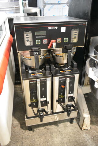 Bunn DUAL SH DBC Stainless Steel Commercial Countertop Double Coffee Machine w/ Hot Water Dispenser, 2 Metal Brew Baskets and 2 Satellite Servers. 120/240 Volts, 1 Phase. 