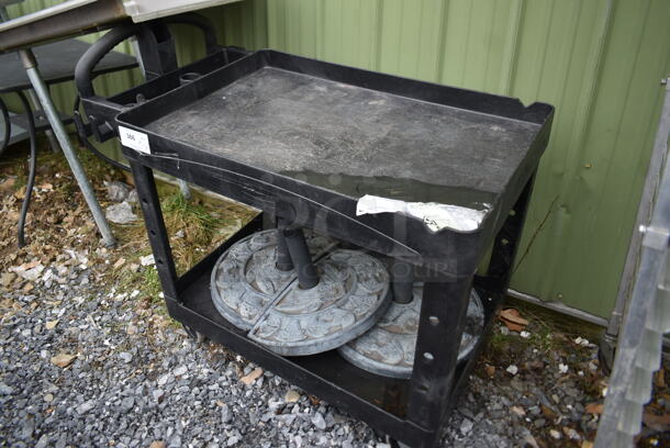 Black Poly 2 Tier Cart w/ 3 Patio Umbrella Bases on Commercial Casters.