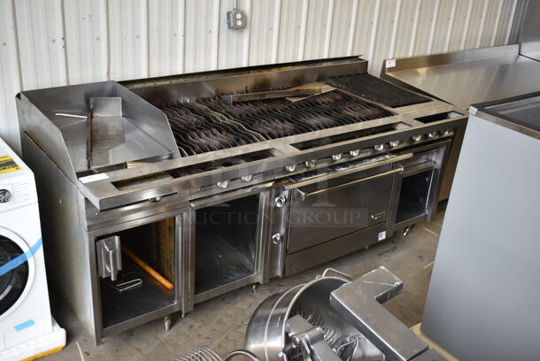 Jade Range Stainless Steel Commercial Gas Powered Charbroiler Grill w/ Left Side Flat Top Griddle, Oven and Under Shelf.