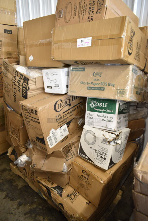 PALLET LOT of 25 BRAND NEW Boxes Including 500CC9 Customizable Plastic Squat Cold Cup, 2 Box Choice Shorty Paper SOS Bag, 500LFLAT Choice Clear Flat Lid with Straw Slot - 9, 12, 16, 20, and 24 oz. - 1000/Case, 394365M Noble Medium Gloves, 347RP10WHSS Visions Wave 10" White Plastic Plate - 144/Case, Choice Muffin Cupcake Containers, 500CC32P Clear PET Plastic Cold Cup - 32 oz, 760PCC16W 16 oz. White Poly Paper Cold Cup, 128HD8COMBO ChoiceHD 8 oz. Microwavable Translucent Plastic Deli Container and Lid Combo Pack - 240/Case, 130TONG6BLK Black Disposable Plastic Tongs, 760PCC16 Choice 16 oz. Poly Paper Cold Cup - 1000/Case, Dessert Cups, Dart 85HT1R 8" x 8" x 3" White Foam Square Take Out Container with Perforated Hinged Lid. 25 Times Your Bid!