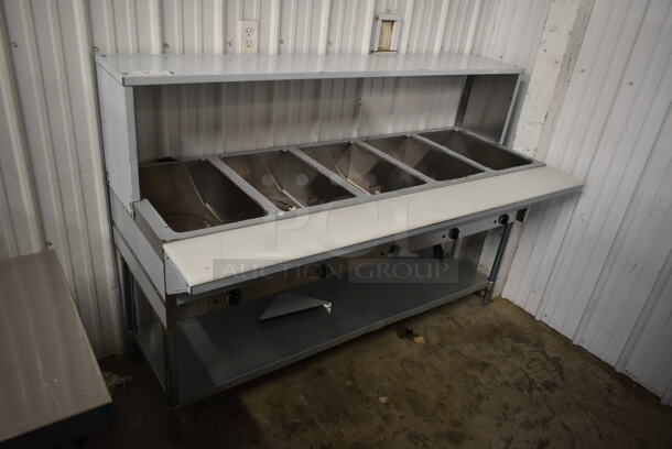 BRAND NEW SCRATCH AND DENT! KoolMore KM-OWS-5SG Stainless Steel Commercial Electric Powered 5 Bay Steam Table w/ Under Shelf and Over Shelf. 240 Volts, 1 Phase.