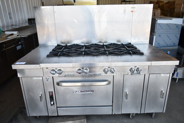 Southbend P48A-BBBB Stainless Steel Commercial Natural Gas Powered 8 Burner Range w/ Convection Oven, Side Counters and Back Splash on Commercial Casters. - Item #1117933