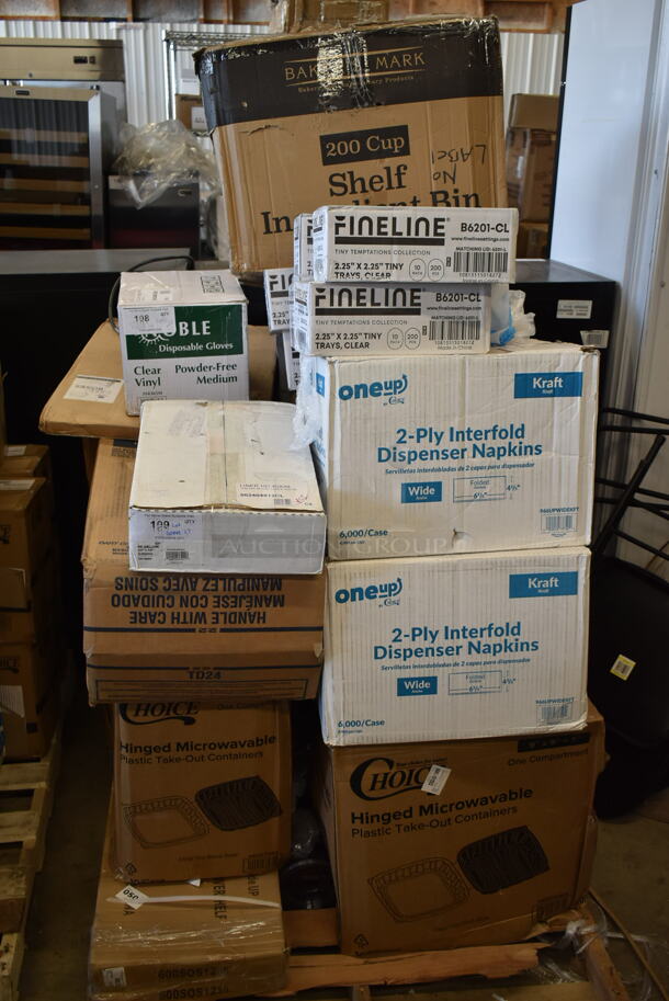 PALLET LOT of 26 BRAND NEW Boxes Including 8 Box Fineline B6201-CL Tiny Temptations 2 1/4" x 2 1/4" Clear Disposable Plastic Tray - 200/Case, 3 Box 966UPWIDEKFT OneUp by Choice Kraft 2-Ply Wide Interfold 6 1/2" x 8 1/2" Dispenser Napkin - 6000/Case, 50016W Choice 16 oz. White Poly Paper Hot Cup - 1000/Case, 2 Box 130BKFSNSPH Visions Heavy Weight Black Wrapped Plastic Cutlery Pack with Napkin, 176IB200 Baker's Mark Shelf Ingredient Bin, 502404812CL Lavex 40-45 Gallon 12 Micron 40" x 48" High Density Janitorial Can Liner / Trash Bag - 250/Case, 2 Box 600SOS1230 Regency Stainless Steel Single Deck Overshelf - 12" x 30" x 19 1/4", Professional Cake Boxes, Medium Gloves. 26 Times Your Bid!