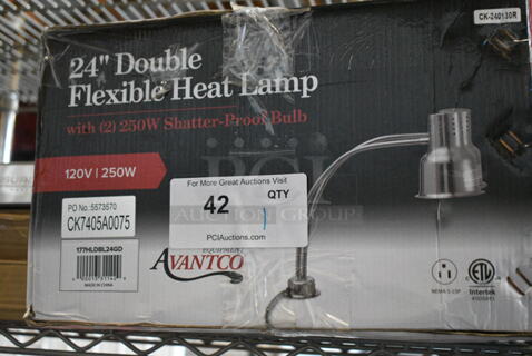 BRAND NEW SCRATCH AND DENT! Avantco 177HLDBL24GD 24" Gold Double Arm Stainless Steel Heat Lamp. 120 Volts, 1 Phase. 