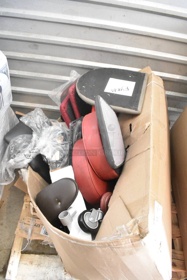 PALLET LOT of 15 BRAND NEW Items Including 502334016CL Lavex 33 Gallon 16 Micron 33" x 40" High Density Janitorial Can Liner / Trash Bag - 250/Case, Lancaster Table & Seating Red Vinyl Bar Stool Seat, Commercial Casters, Gray Seat Cushions, . 15 Times Your Bid! 