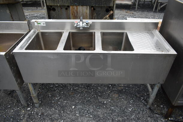 Stainless Steel Commercial 3 Bay Back Bar Sink w/ Right Side Drain Board, Faucet and Handles. Bays 10x14. Drain Boards 10x15