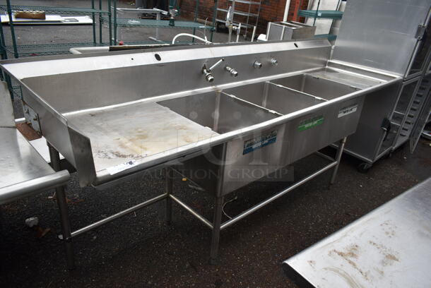 Stainless Steel Commercial 3 Bay Sink w/ Dual Drain Boards. Bays 20x22. Drain Boards 25.5x26