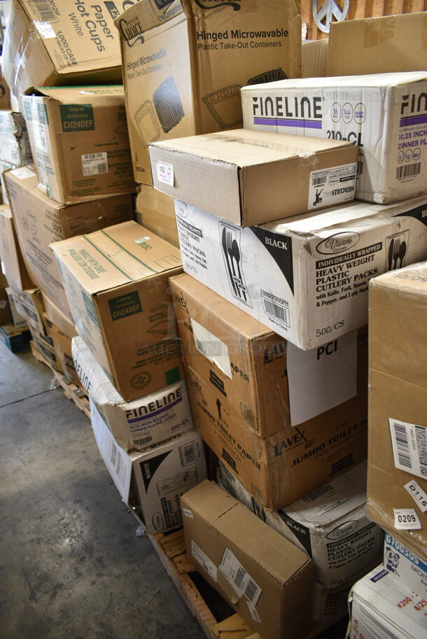 PALLET LOT of 25 BRAND NEW Boxes Including 2 Box Noble Large Gloves, Fineline 210-CL 10.25" Plates, 130BKFSNSPH Visions Heavy Weight Black Wrapped Plastic Cutlery Pack with Napkin and Salt and Pepper Packets - 500/Case, 5013858HVY Hercules Trash Bags, 2 Box 5002TPJ Lavex 2-Ply Jumbo Toilet Paper Roll with 9" Diameter, 720 Feet / Roll - 12/Case, CH24DEF 24 oz. Tamper-Resistant, Tamper-Evident Hinged Container, 500TO10103 Choice 10" x 10" x 3" Microwaveable 1-Compartment Black / Clear Plastic Hinged Container - 100/Case, 5004W Choice 4 oz. White Poly Paper Hot Cup - 1000/Case. 25 Times Your Bid!