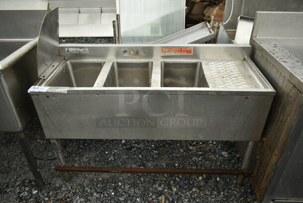 Stainless Steel Commercial 3 Bay Bar Sink w/ Right Side Drain Board. Bays 10x14. Drain Boards 11x15