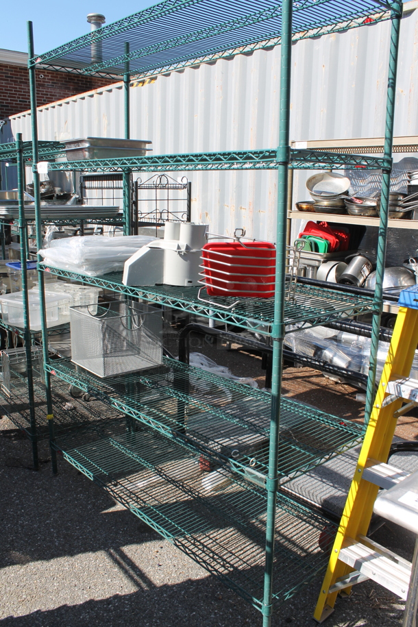 Metro Green Metal 5 Tier Wire Shelving Unit w/ Contents Including Stainless Steel Drop In Bins. BUYER MUST DISMANTLE. PCI CANNOT DISMANTLE FOR SHIPPING. PLEASE CONSIDER FREIGHT CHARGES.