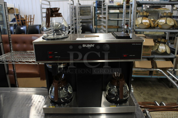 2016 Bunn Model VPS Stainless Steel Commercial Countertop 3 Burner Coffee Machine w/ Poly Brew Basket and 3 Coffee Pots. 120 Volts, 1 Phase. 23x8x19
