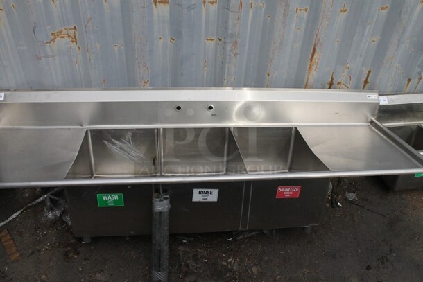 John Boos Stainless Steel Commercial 3 Bay Sink w/ Dual Drain Boards. Bays 18x23.5x13