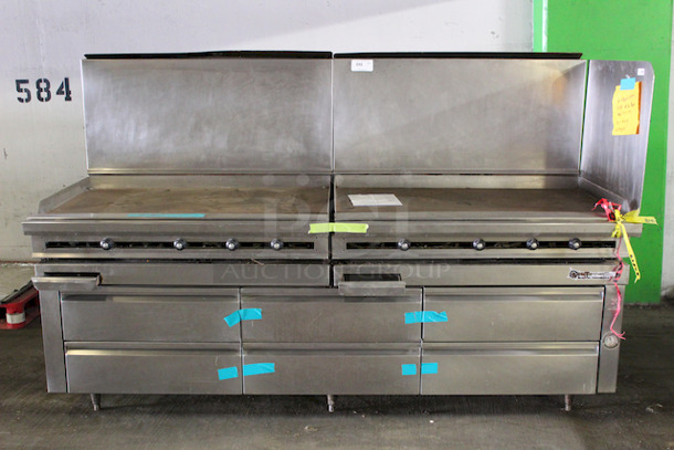 AWESOME! Dual Jade Range 36" Thermostatic Griddles On Jade Range (6) Drawer Refrigerated Chef Base, Remote Condensed. 97-1/2x38x67-1/2